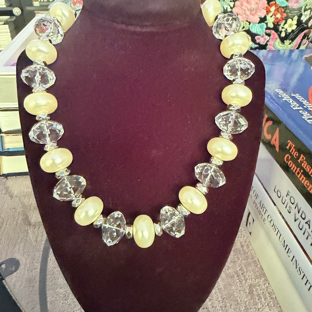 Elegant Cream Pearl and Clear Crystal Statement Necklace